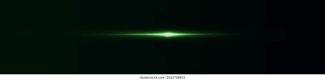 Light green effect reflections, neon illumination in white colors. Bright light lens. Police light effects, lines. Shiny stars, glowing sparks on a black background. Vector green light effect