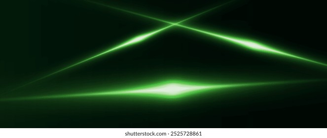 Light green effect reflections, neon illumination in white colors. Bright light lens. Police light effects, lines. Shiny stars, glowing sparks on a black background. Vector green light effect