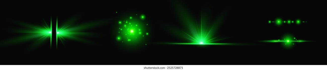 Light green effect reflections, neon illumination in white colors. Bright light lens. Police light effects, lines. Shiny stars, glowing sparks on a black background. Vector green light effect
