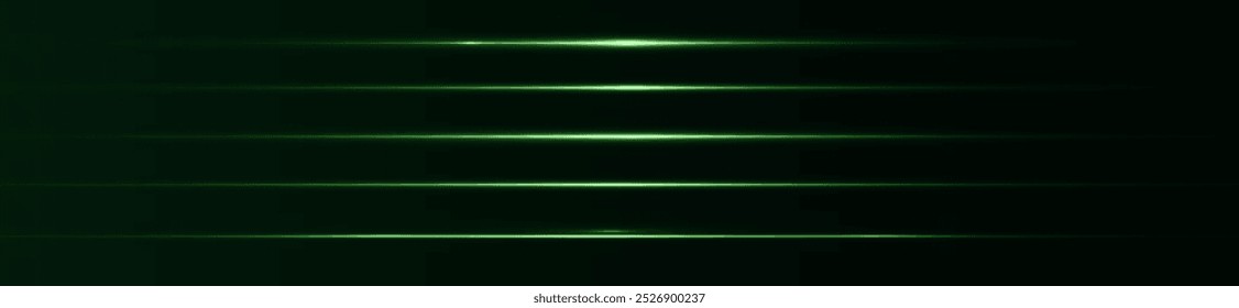Hellgrüne Effektreflexionen, Neonbeleuchtung in weißen Farben. Helle Lichtlinse. Polizeilichteffekte, Linien. Glänzende Sterne, leuchtende Funken auf schwarzem Hintergrund. Vektor grünes Licht Effekt