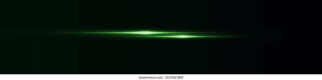 Light green effect reflections, neon illumination in white colors. Bright light lens. Police light effects, lines. Shiny stars, glowing sparks on a black background. Vector green light effect