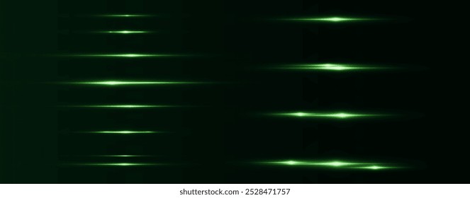 Reflejos de efecto verde claro, iluminación de neón en colores blancos. Lente de luz brillante. Efectos de luz de la policía, líneas. Estrellas brillantes, chispas brillantes sobre un fondo negro. Vector efecto de luz verde