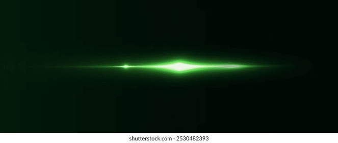 Light green effect reflections, neon illumination in white colors. Bright light lens. Police light effects, lines. Shiny stars, glowing sparks on a black background. Vector green light effect