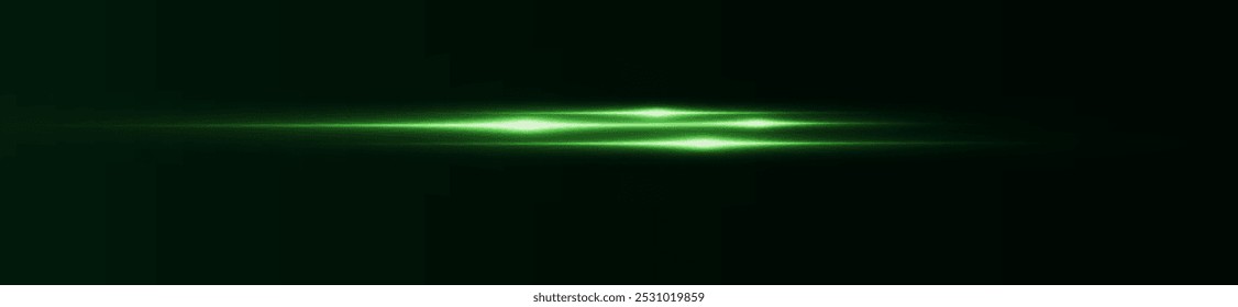 Light green effect reflections, neon illumination in white colors. Bright light lens. Police light effects, lines. Shiny stars, glowing sparks on a black background. Vector green light effect