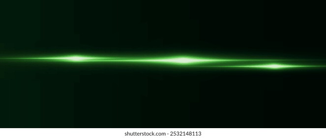 Light green effect reflections, neon illumination in white colors. Bright light lens. Police light effects, lines. Shiny stars, glowing sparks on a black background. Vector green light effect