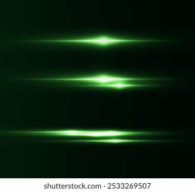 Light green effect reflections, neon illumination in white colors. Bright light lens. Police light effects, lines. Shiny stars, glowing sparks on a black background. Vector green light effect