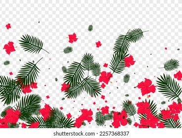 Light Green Flora Background Transparent Vector. Plant Island Design. Red Hibiscus. Garden Illustration. Yellow Safari Frame.