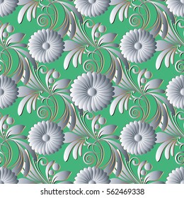 Light green floral seamless pattern background wallpaper illustration with 3d white  flowers, leaves, vintage decorative  flowery ornaments. Abstract surface vector endless fabric  texture. 