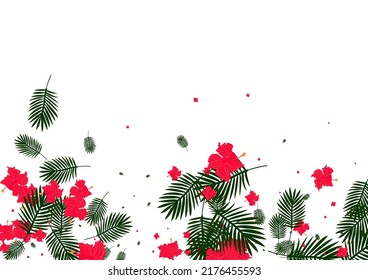 Light Green Flower Background White Vector. Philodendron Print Card. Red Hibiscus. Beauty Texture. Green Surf Design.