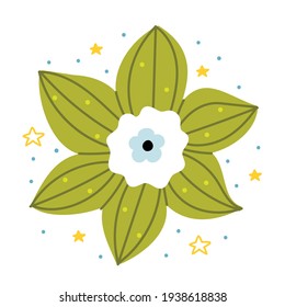 Flor verde claro. Primavera temprana. Ilustración vintage en colores pastel. Diseño plano. Ilustración dibujada por mano simple. Concepto minimalista y elegante. 