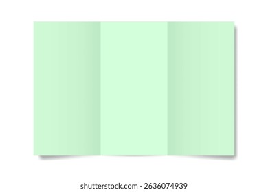 Folheto verde claro dobrado, três páginas ou páginas espelhadas, orientação vertical. Páginas altas. Abra três dobras. Modelo de carta	