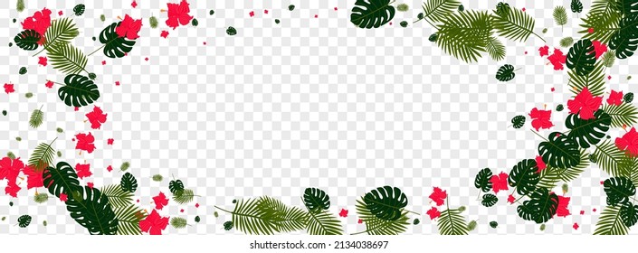 Light Green Foliage Background Transparent Vector. Hibiscus Drawing Pattern. Red Philodendron. Wrapping Illustration. Orange Aloha Texture.