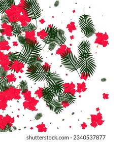 Light Green Foliage Background White Vector. Leaf Fashion Pattern. Red Hibiscus. Island Frame. Green Wrapping Card.