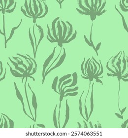 Light Green Freehand Iris Flower Dry Brush Seamless Pattern