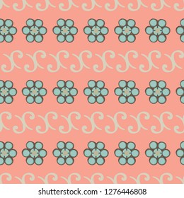 Light green gemstone clusters and filigree shapes on a coral background create this seamless vector pattern. For special occasion invitations, printed textiles, paper, cards and graphic design uses.