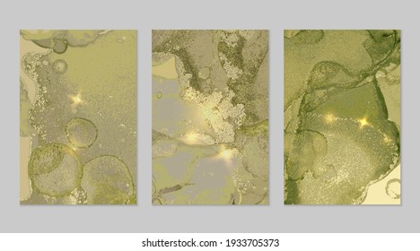 Light green and gold pattern with texture of geode and sparkles. Abstract vector background in alcohol ink technique. Modern paint with glitter. Set of backdrops for banner, poster design. Fluid art