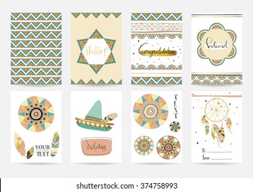 Light green gold pink card template with hat in boho style on valentine's day