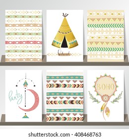 Light green gold pink card template in boho style on summer with arrow,moon and indian tent