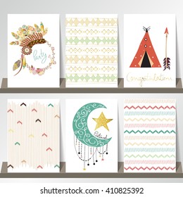 Light Green Gold Pink Card Template In Boho Style On Summer With Arrow,moon,tent And Indian Hat