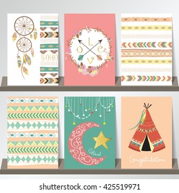 Light green gold pink card template in boho style on summer with arrow,moon,tent,feather and Indian hat