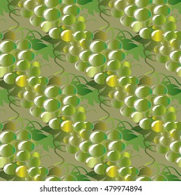 Light green grapes vector seamless pattern background wallpaper illustration with  3d volumetric ornamental decorative green grapes and  leaves. Stylish ornate 3d decor with shadow and highlights.