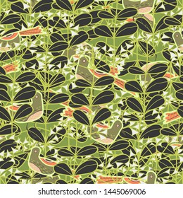  light green and gray plants with abstract birds