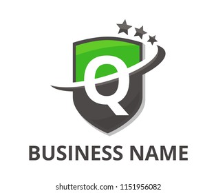 light green and grey color shield get slice into half logo graphic design with modern clean style for protection or security company with initial type letter q on it