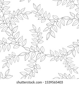 Light green hand drawn branches on white background. Seamless natural doodle pattern. Suitable for textile, packaging.