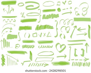 Light green hand drawn highlighter set. Vector hand drawn graphic stylish elements. Marker pen highlight underline strokes.