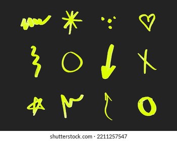 Light green hand drawn retro shapes. Arrow, heart, wavy lines