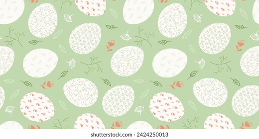 Light green Happy Easter seamless pattern with white decorated eggs, branches and flowers. Cute spring ornate egg texture for Easters package, gift wrapping paper, textile, background