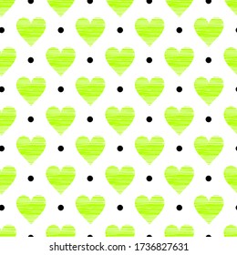 forma de corazón verde claro con puntos negros patrón sin fisuras sobre fondo blanco