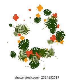 Light Green Hibiscus Background White Vector. Leaves Modern Pattern. Green Leaf. Aloha Texture. Red Isolated Illustration.