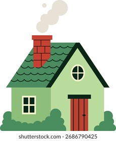 Casa verde clara con la puerta roja y el tejado verde en edificio casero del fondo blanco