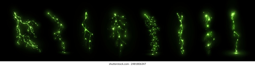 Light green isolated vector set lightning png. Realistic natural setturquoise lightning effect Thunder storm. Strength Energy charge Thunder. Blitz Lightning Thunder Light Sparks Storm Flash	
