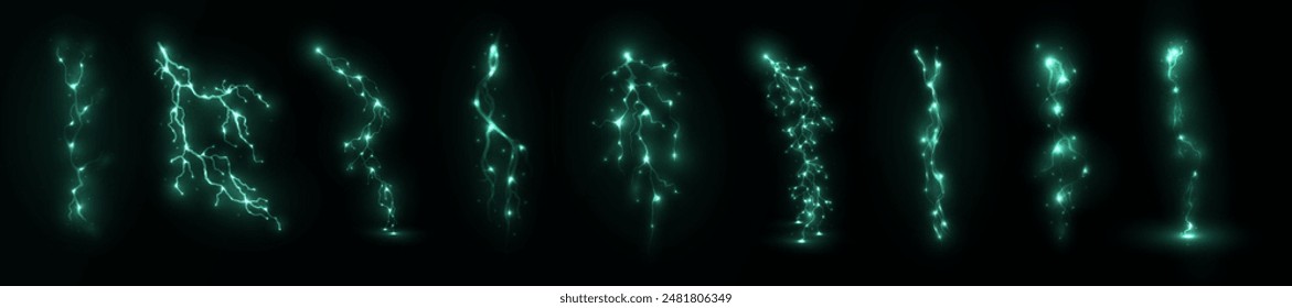 Hellgrüne isolierte Vektorgrafik Set Blitz PNG. Realistische natürliche Umgebung Türkis Blitzeffekt Gewitter Sturm. In: Strength Energy Abbuchung Thunder. Blitz Blitz Blitz Donner Licht Funken Sturm Blitz	
