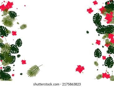 Light Green Leaves Background White Vector. Monstera Hawaiian Backdrop. Red Strelitzia. Hawaii Texture. Yellow Paradise Design.
