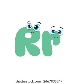 Light green Letter R Cartoon Character With cute eyes. Illustration of funny Cartoon Alphabet font type character for education.