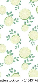 Light green limes on white background. Tropical summer fruit seamless pattern. Fashionable print in delicate pastel colors. Wallpaper. Hand vector illustration. Modern design.