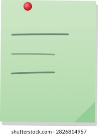 Light green lined paper note attached by red push pin on transparent backdrop. Ideal for school schedules, personal reminders, office task management, and creative planning projects.
