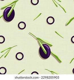 Textura de lino verde claro con aceituna negra y rama con hojas. Patrón de comida sin foco. Ilustración vectorial.
