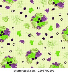 Light green linen texture with green lettuce,dill, Radicchio lettuce leaf, black olives. Seamless rustic pattern. Vector illustration.