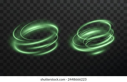 Light green lines png of speed. Light glowing effect. Abstract motion lines. Light trail wave png, fire path trace line, car lights, optic fiber and incandescence curve twirl