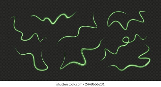 Light green lines png of speed. Light glowing effect. Abstract motion lines. Light trail wave png, fire path trace line, car lights, optic fiber and incandescence curve twirl
