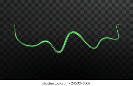 Light green lines png of speed. Light glowing effect. Abstract motion lines. Light trail wave png, fire path trace line, car lights, optic fiber and incandescence curve twirl	