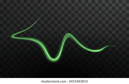 Light green lines png of speed. Light glowing effect. Abstract motion lines. Light trail wave png, fire path trace line, car lights, optic fiber and incandescence curve twirl	