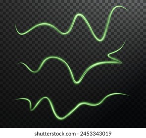 Light green lines png of speed. Light glowing effect. Abstract motion lines. Light trail wave png, fire path trace line, car lights, optic fiber and incandescence curve twirl	