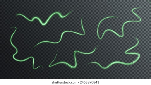 Light green lines png of speed. Light glowing effect. Abstract motion lines. Light trail wave png, fire path trace line, car lights, optic fiber and incandescence curve twirl