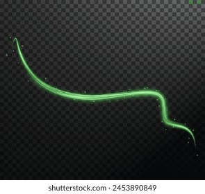 Light green lines png of speed. Light glowing effect. Abstract motion lines. Light trail wave png, fire path trace line, car lights, optic fiber and incandescence curve twirl