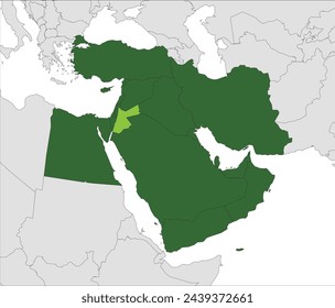 Mapa verde claro de JORDANIA dentro del mapa verde oscuro resaltado de Oriente Medio